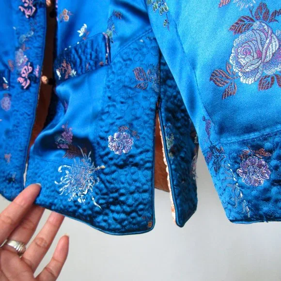 Stunning Vintage Satin Silk Jacket Reversible Satin Floral Jacquard/Small Medium